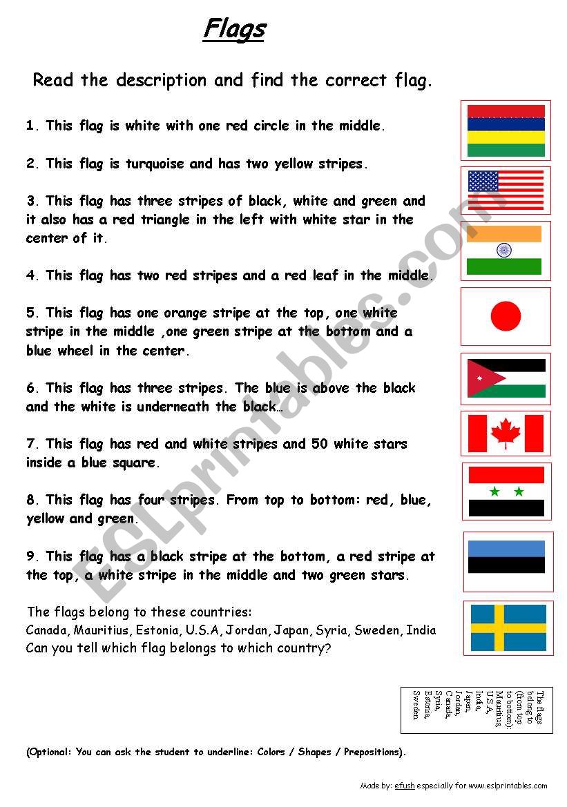 Flags of colors, shapes and prepositions