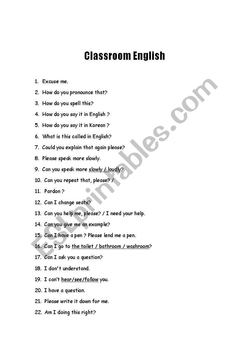 Classroom English for Student worksheet