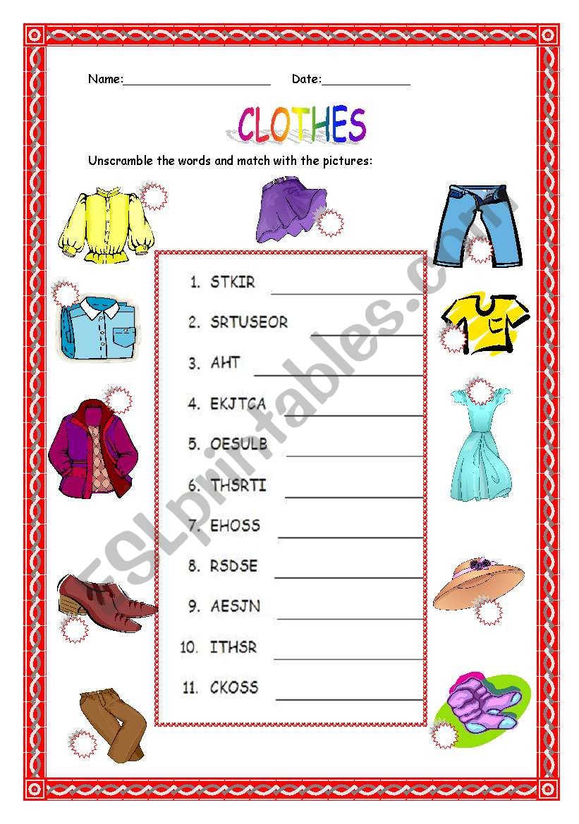 scrambled words clothes worksheet