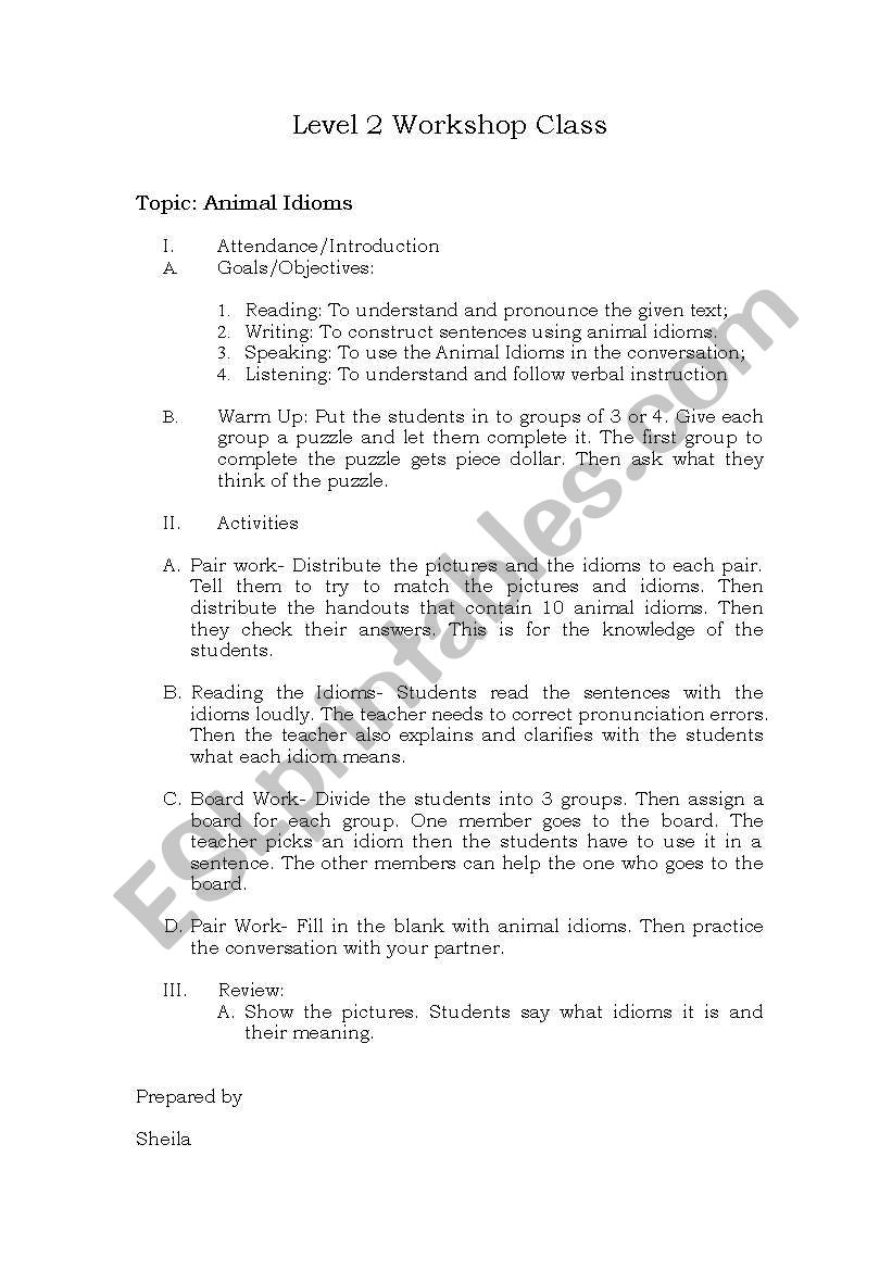 Animal Idioms Lesson Plan worksheet