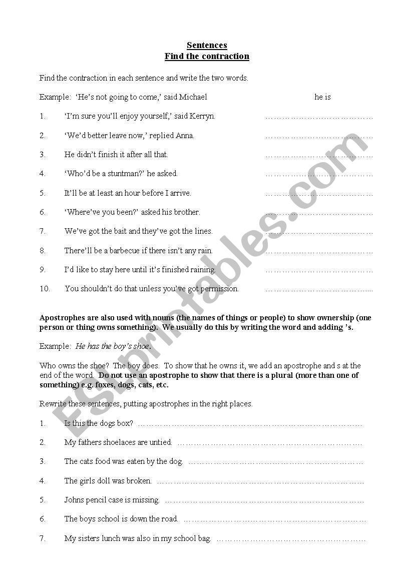 Sentence contractions worksheet