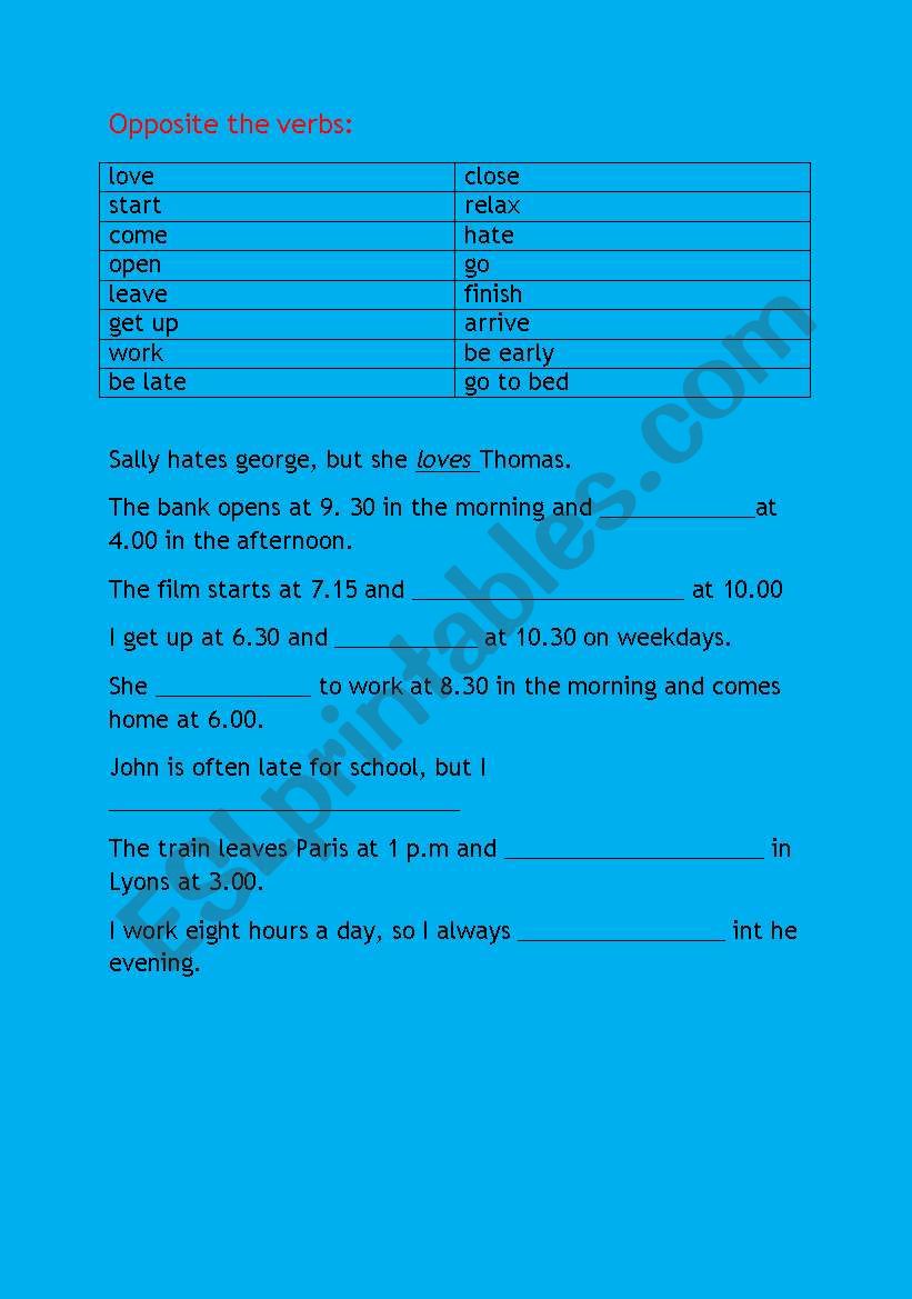 Opposites worksheet