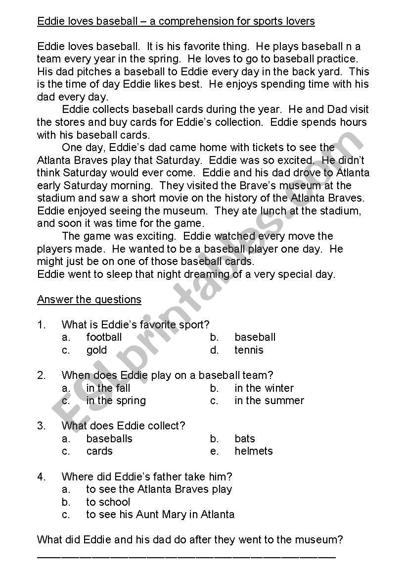 EDDIE LOVES BASEBALL - COMPREHENSION FOR SPORTS LOVERS