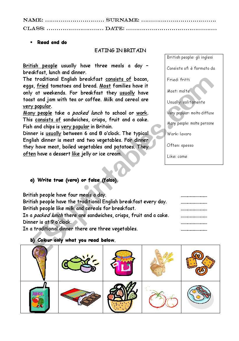 Reading on Eating in Britain worksheet