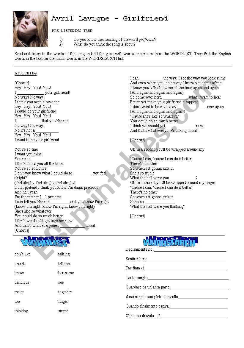 Avril Lavigne - Girlfriend worksheet