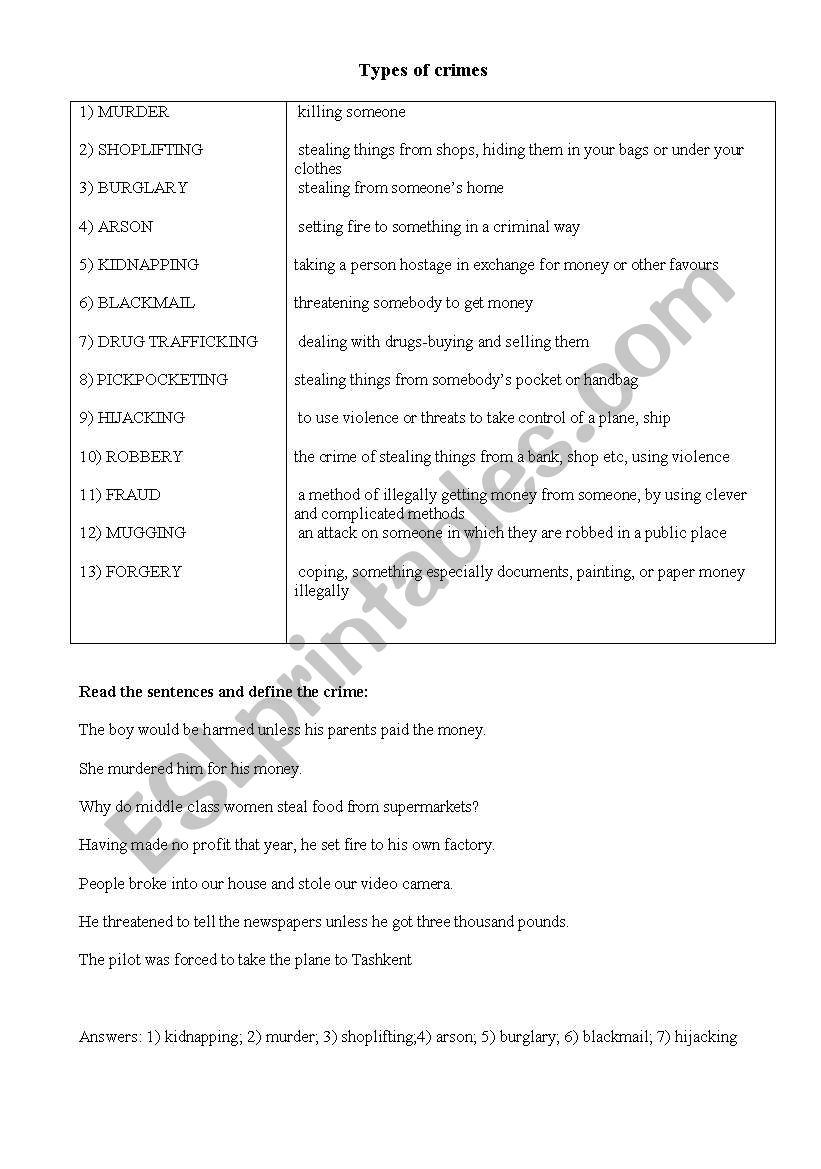 Crimes worksheet