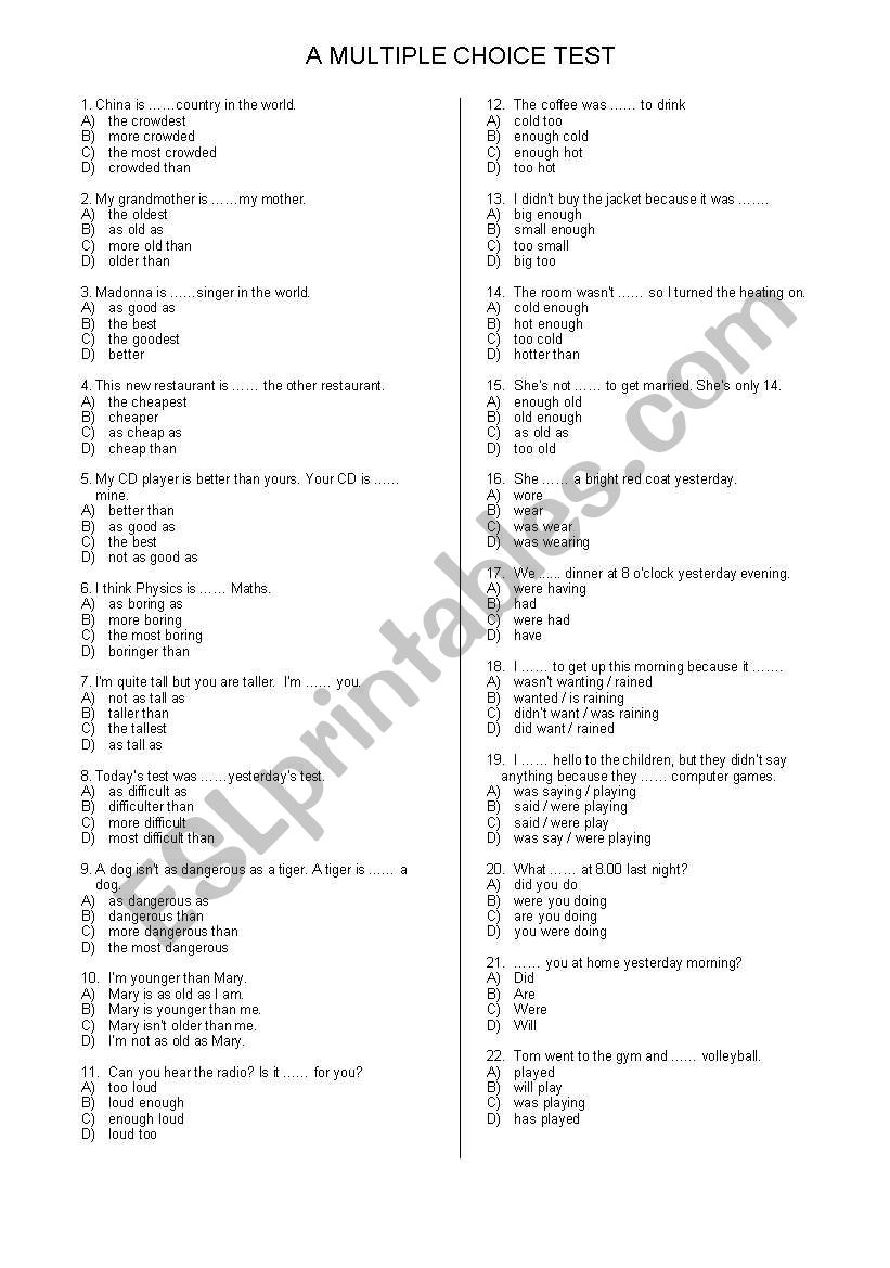 A MULTIPLE CHOICE TEST worksheet