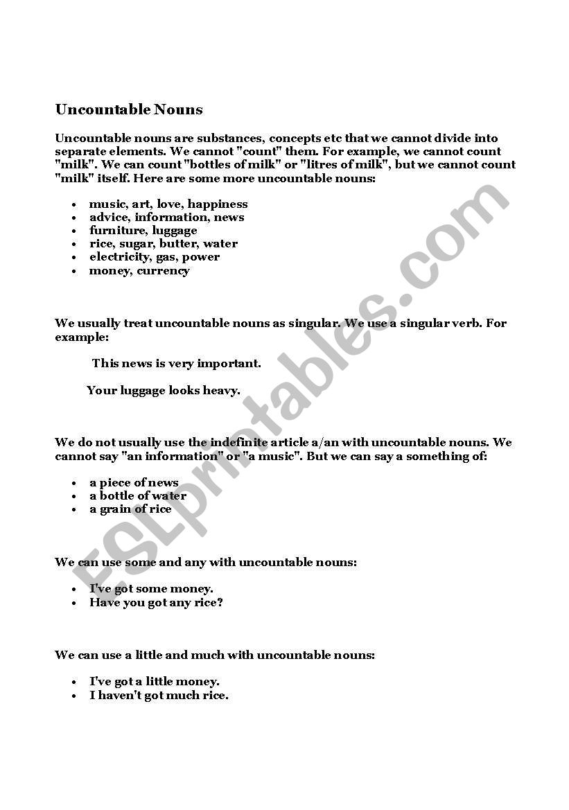 Guide to uncountable nouns worksheet