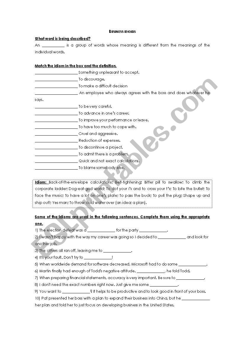 BUSINESS IDIOMS worksheet