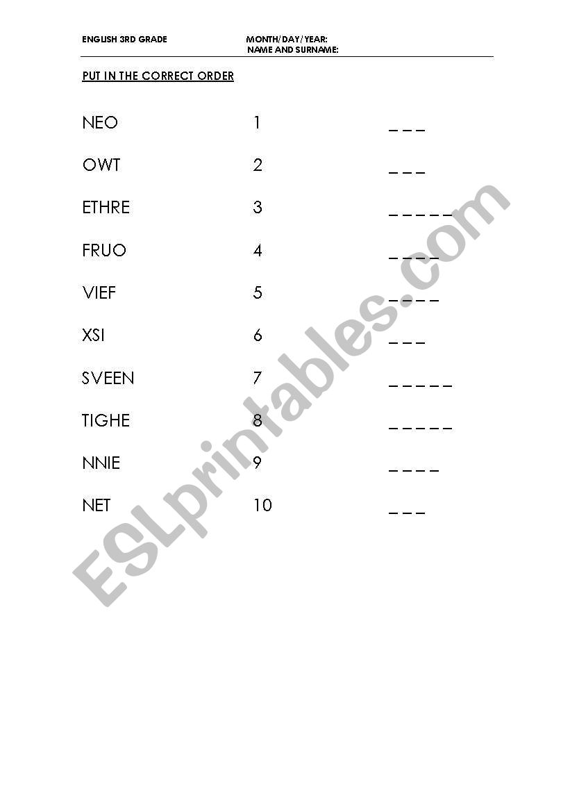 WORD ORDER-NUMBERS worksheet