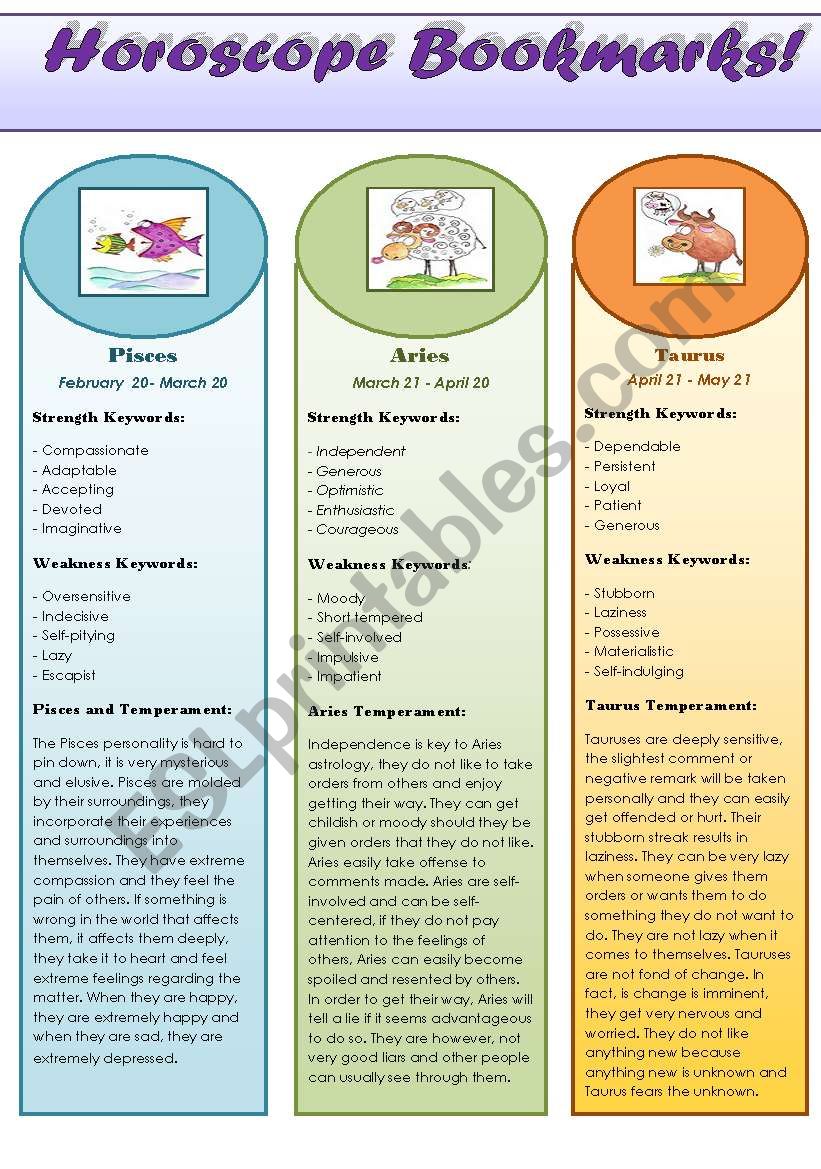 HOROSCOPE BOOKMARKS SET! - 12 bookmarks with a zodiac characteristic for each sign! EDITABLE!!! FOR ADULTS!