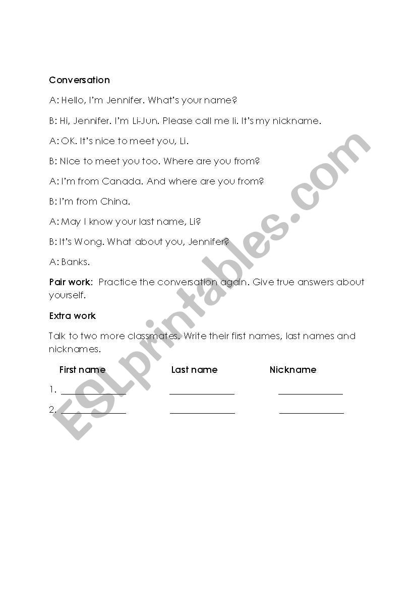Conversation worksheet