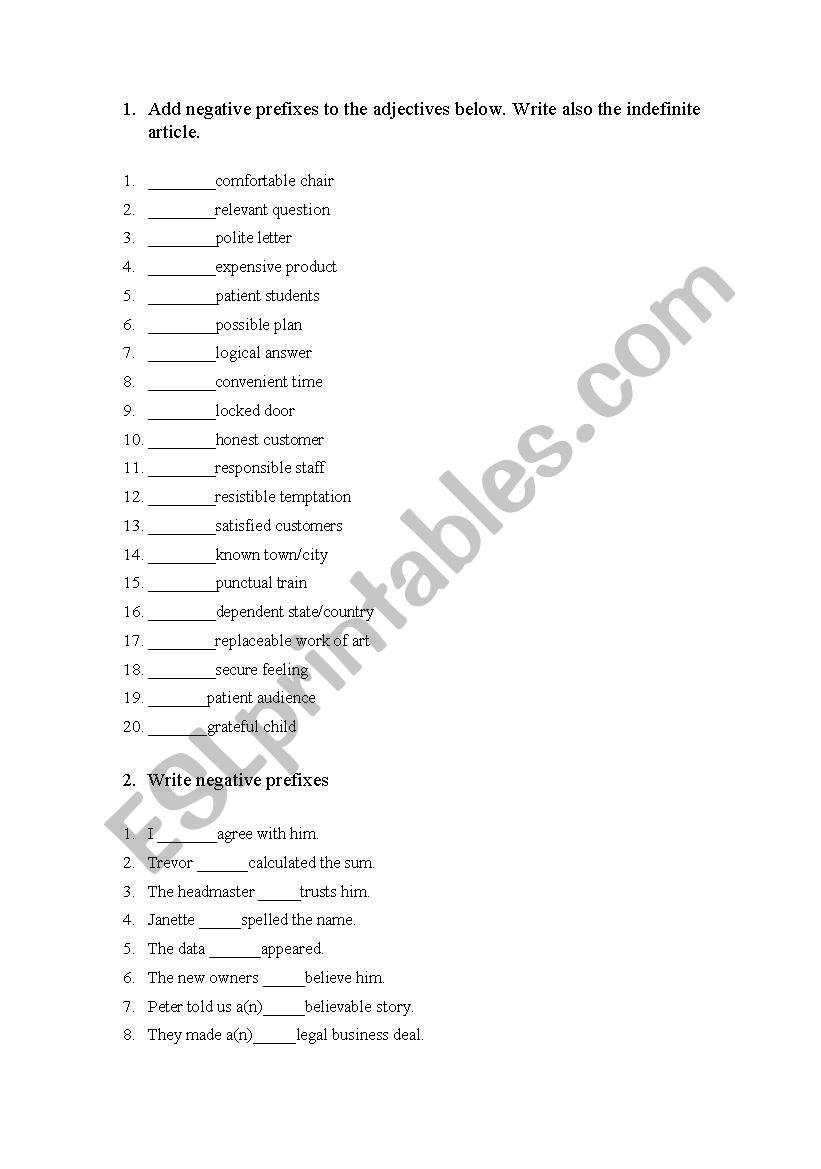 Negative prefixes worksheet Negative prefixes worksheet