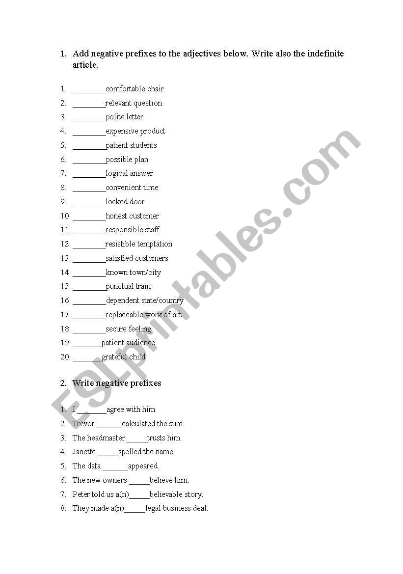 Negative prefixes worksheet