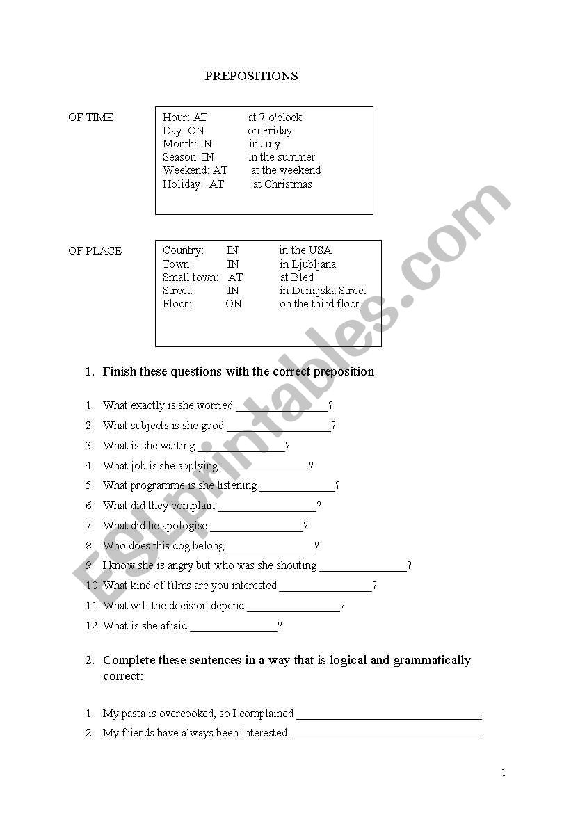 Prepositions  worksheet