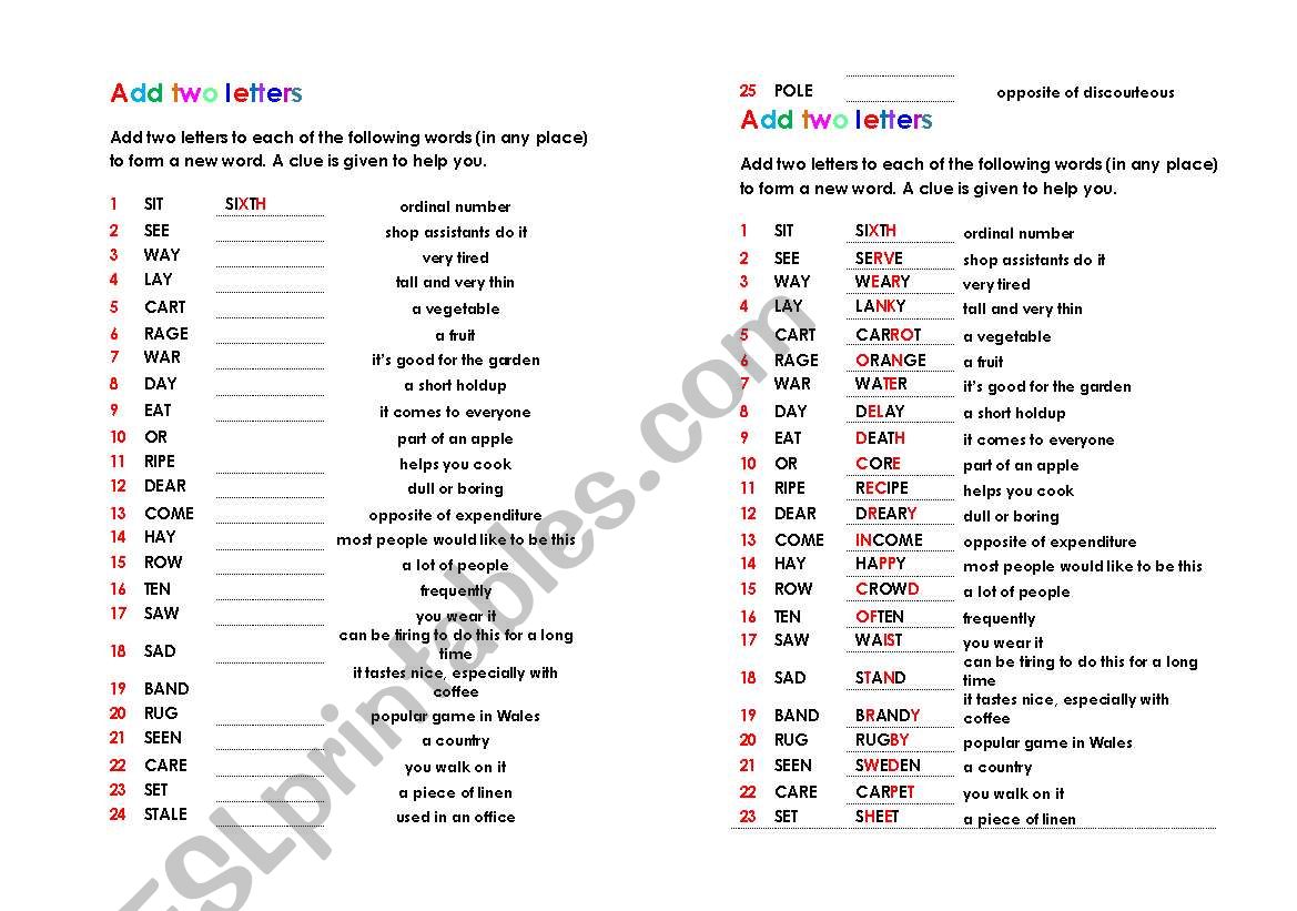 Add two letters worksheet