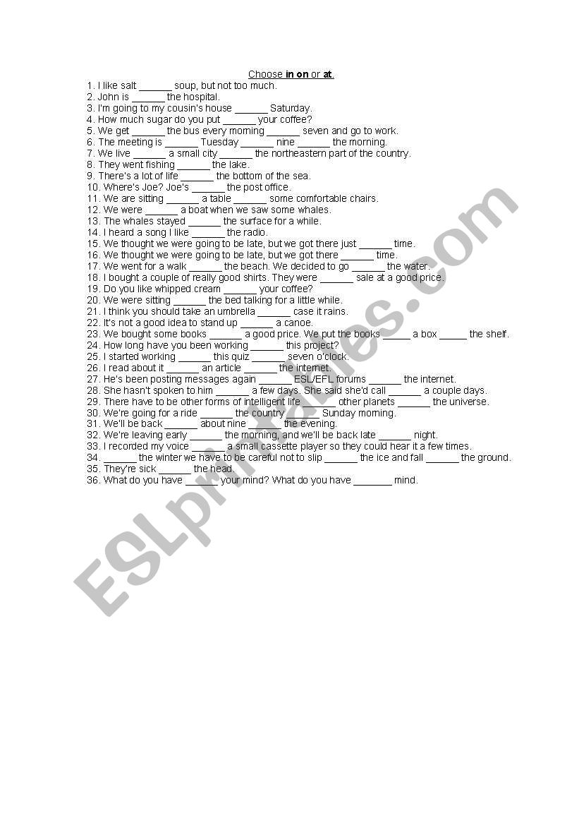 in, on, at worksheet