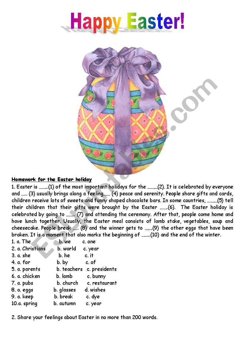 Easter homework worksheet