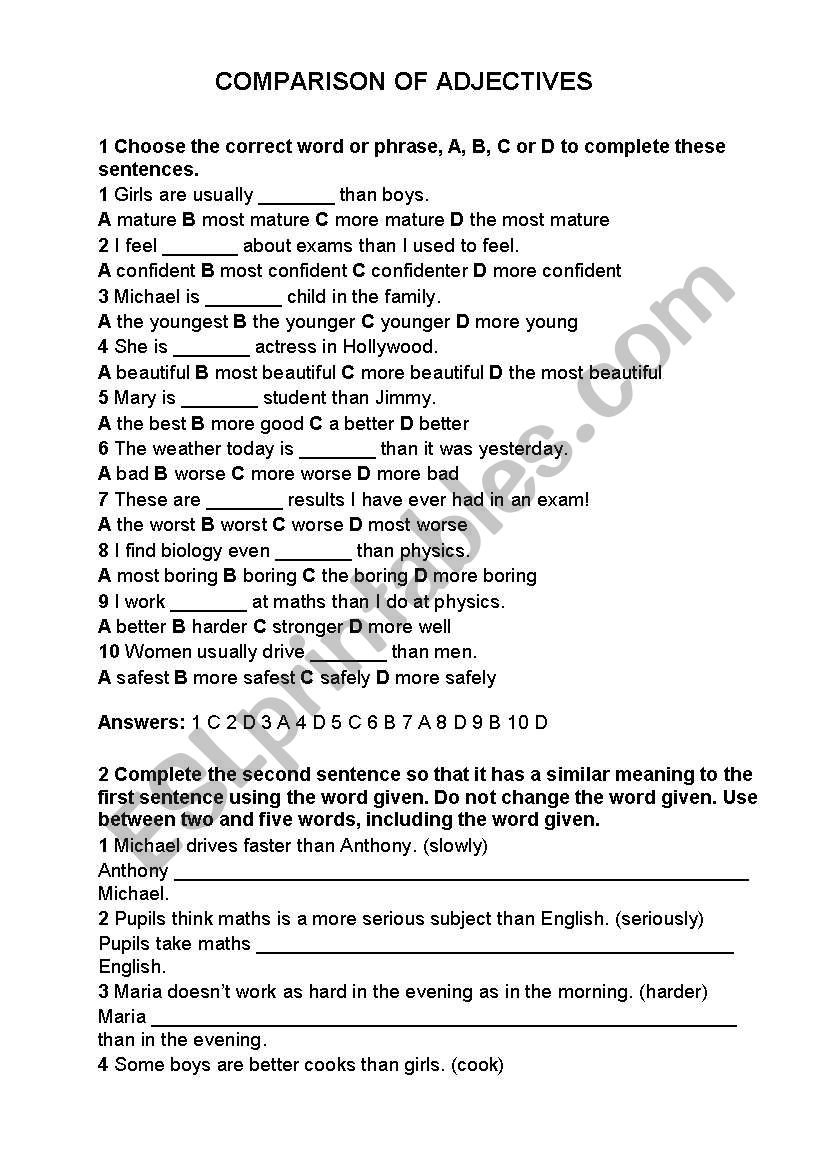 comparison of adjectives worksheet