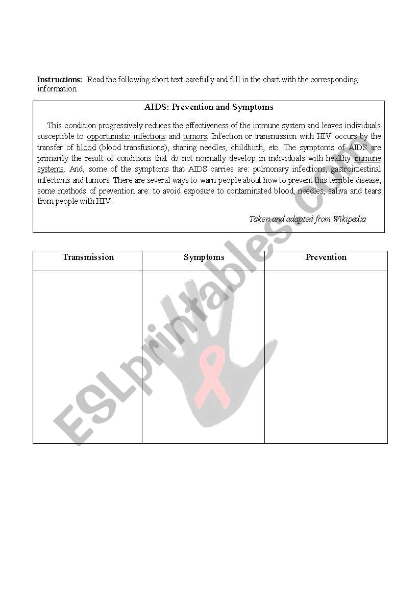 AIDS: Prevention and Symptoms worksheet