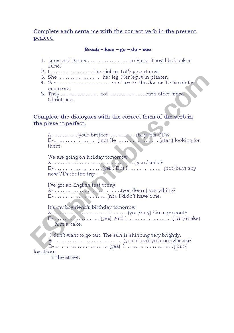 present perfect worksheet