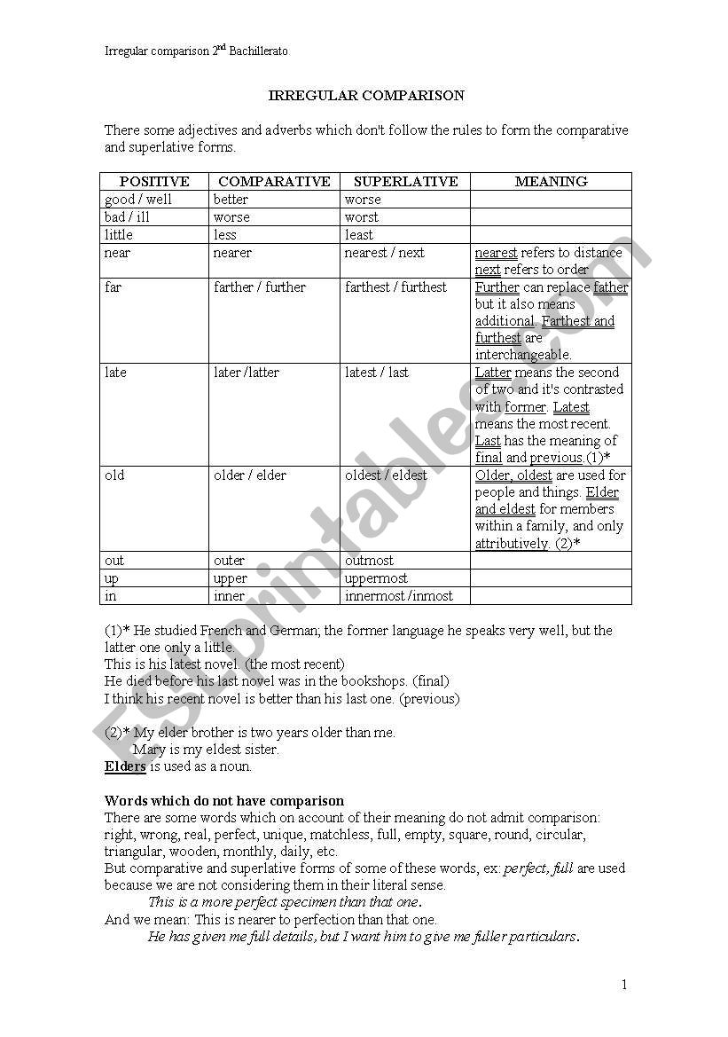 IRREGULAR COMPARISON worksheet