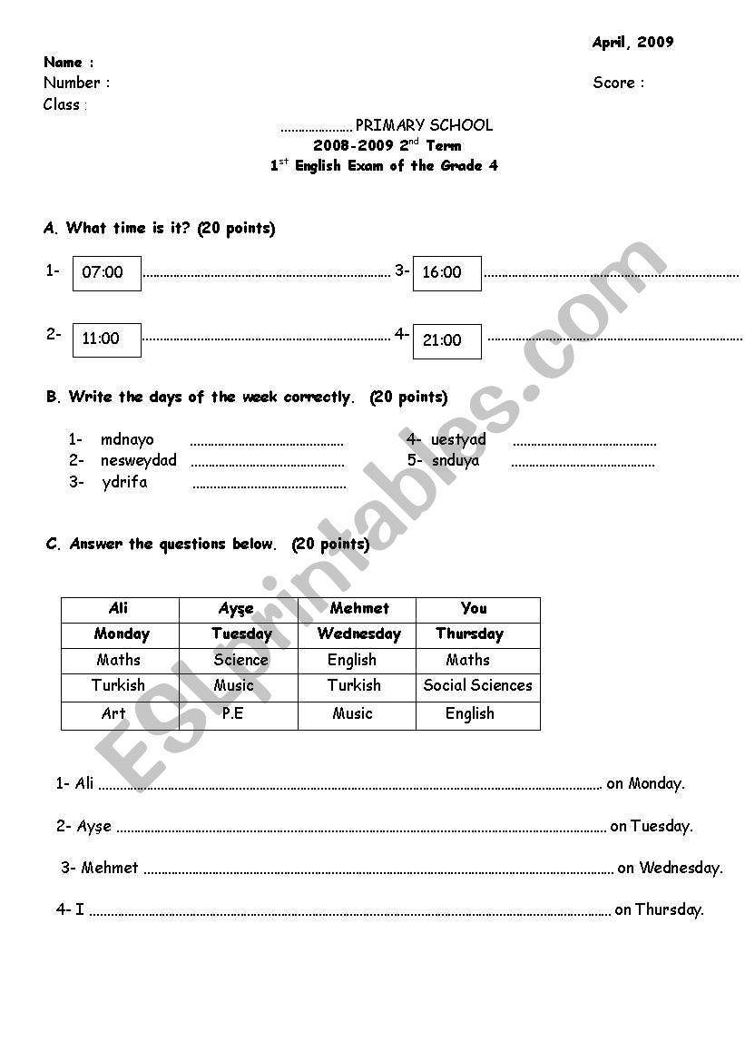 an exam for grade 4 worksheet