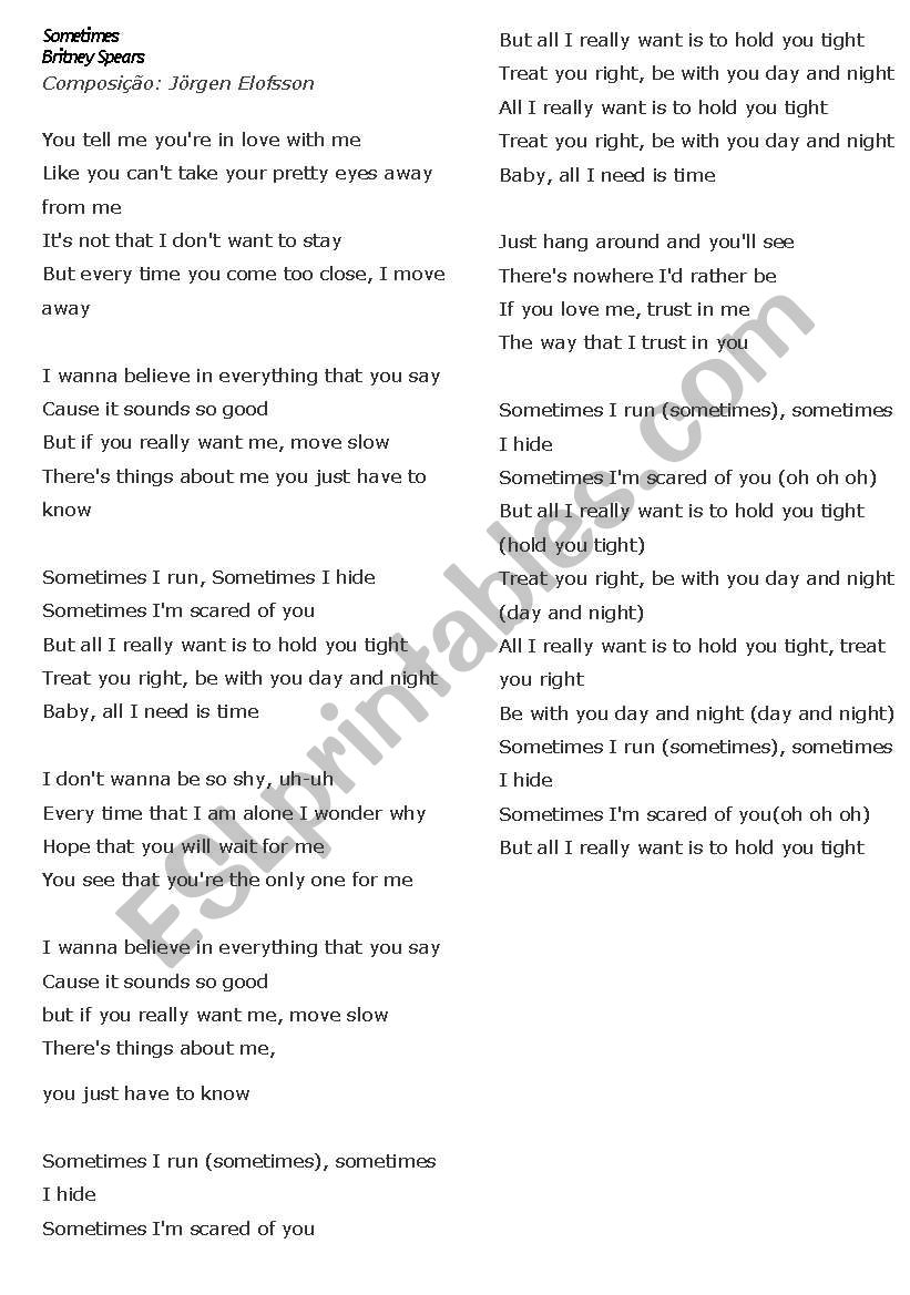 song britney spears sometimes worksheet