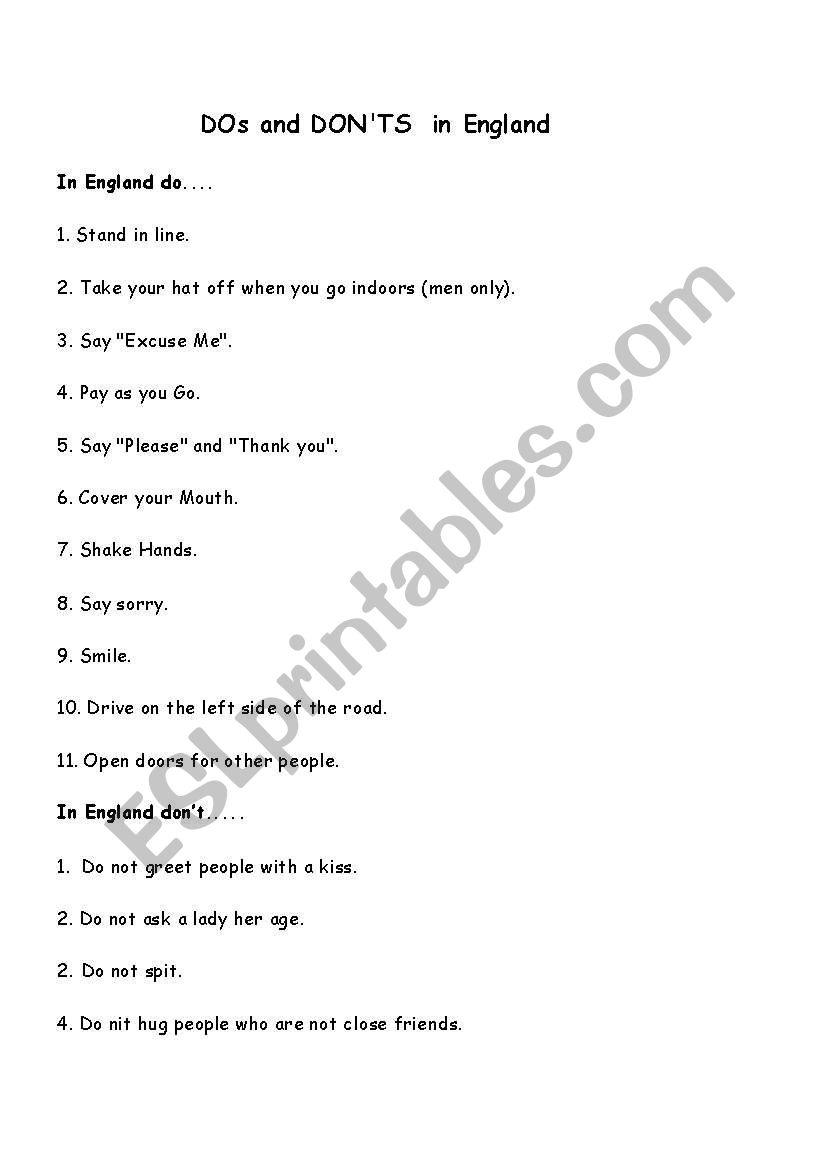 DOs and DONTs in Britain worksheet