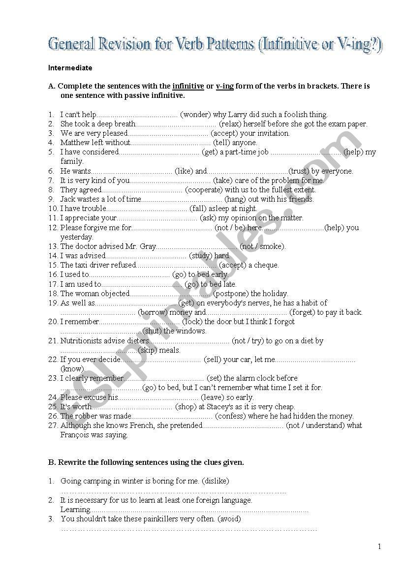 Verb Patterns (V-ing or Infinitives?) Revision (Intermediate)