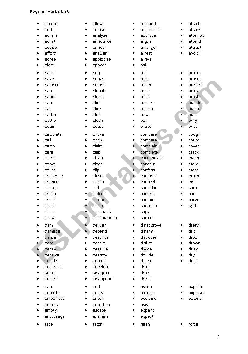 Regular verbs list worksheet