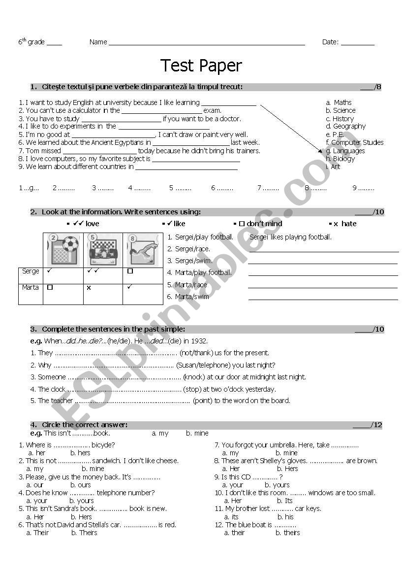 Elementary Test worksheet