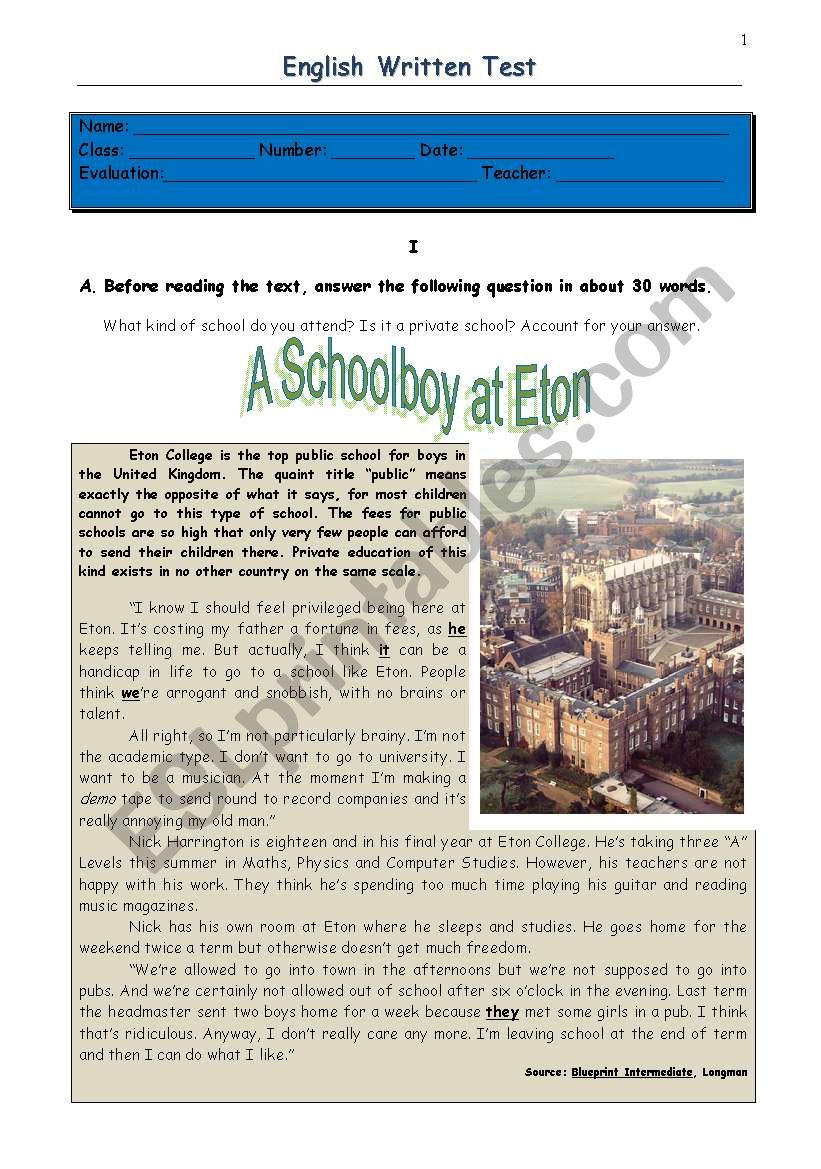 Test - a schoolboy at Eton  worksheet