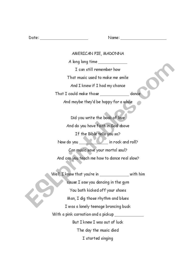 American Pie, Madonna worksheet