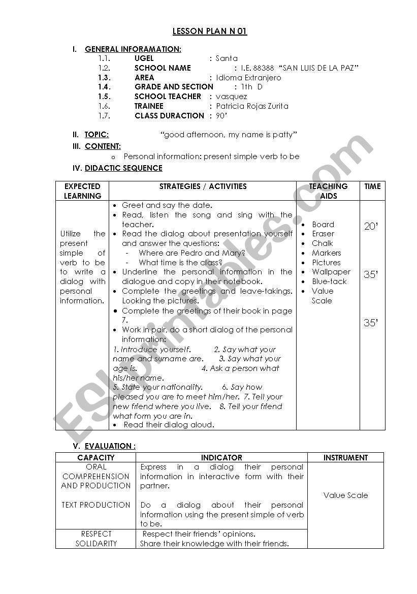 personal inforamtion worksheet