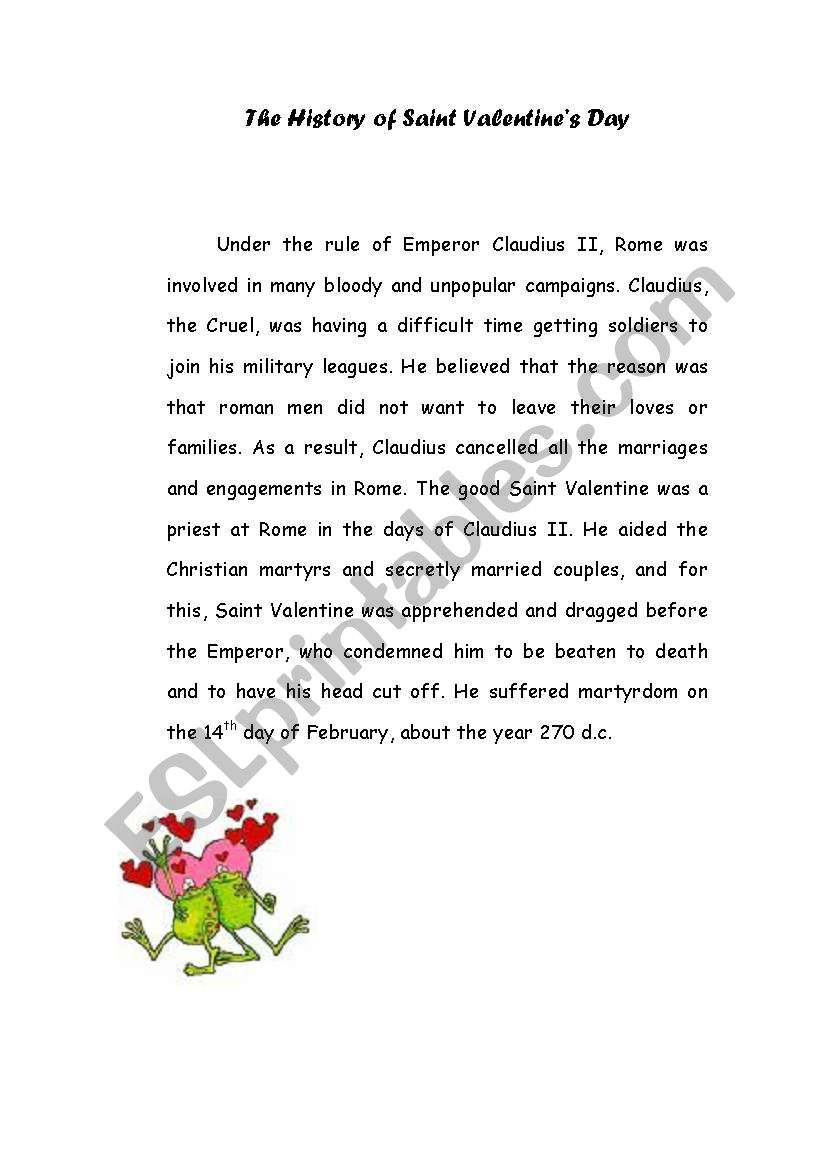 St. Valentines story worksheet