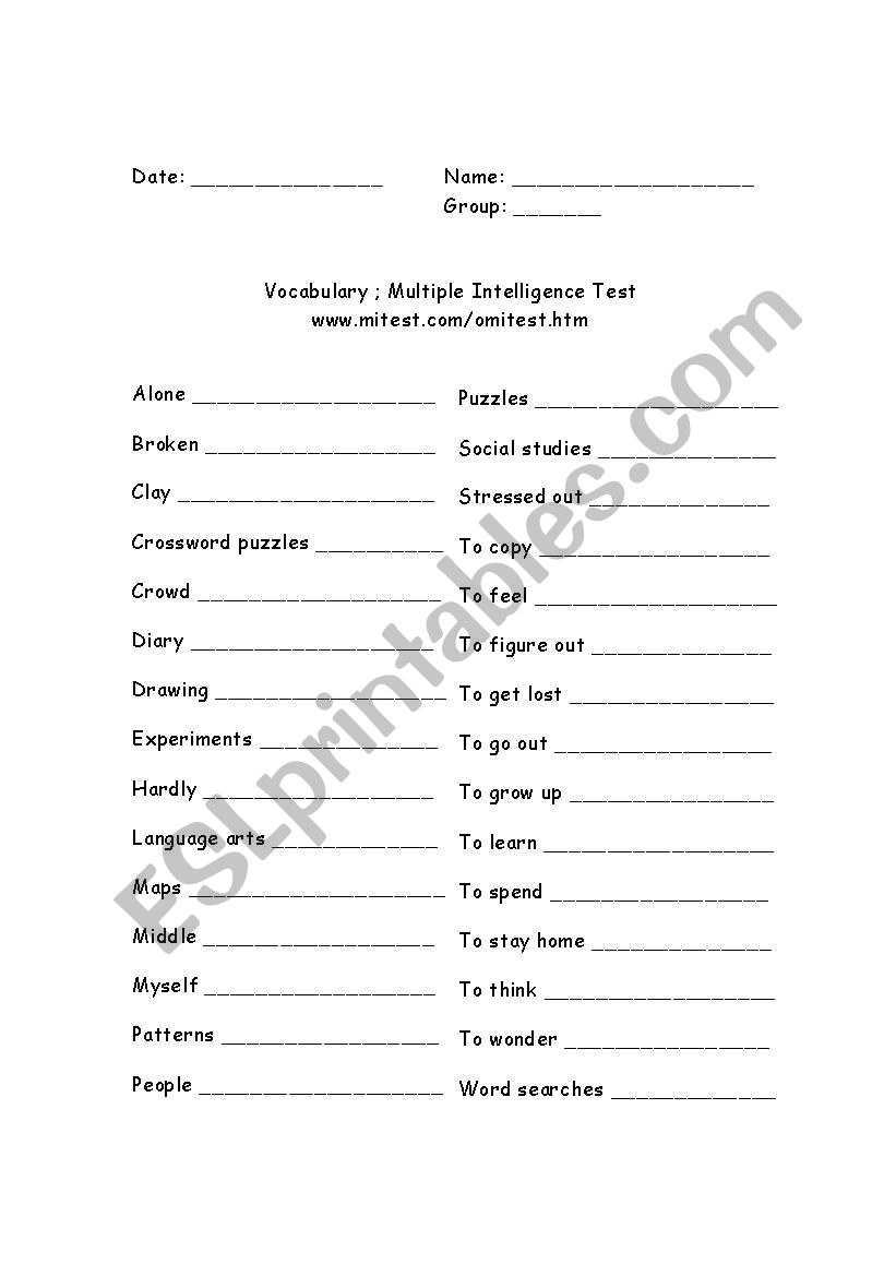 Multiple intelligence test worksheet