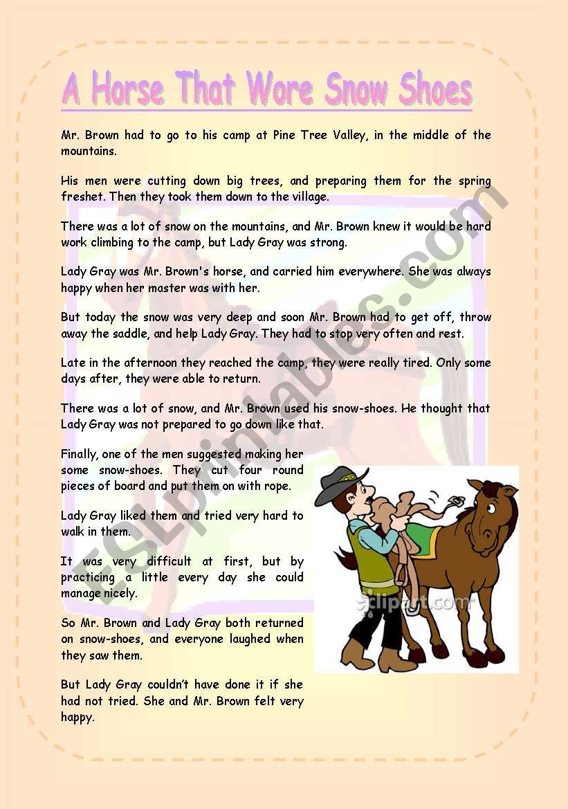 A horse that wore snow shoes worksheet
