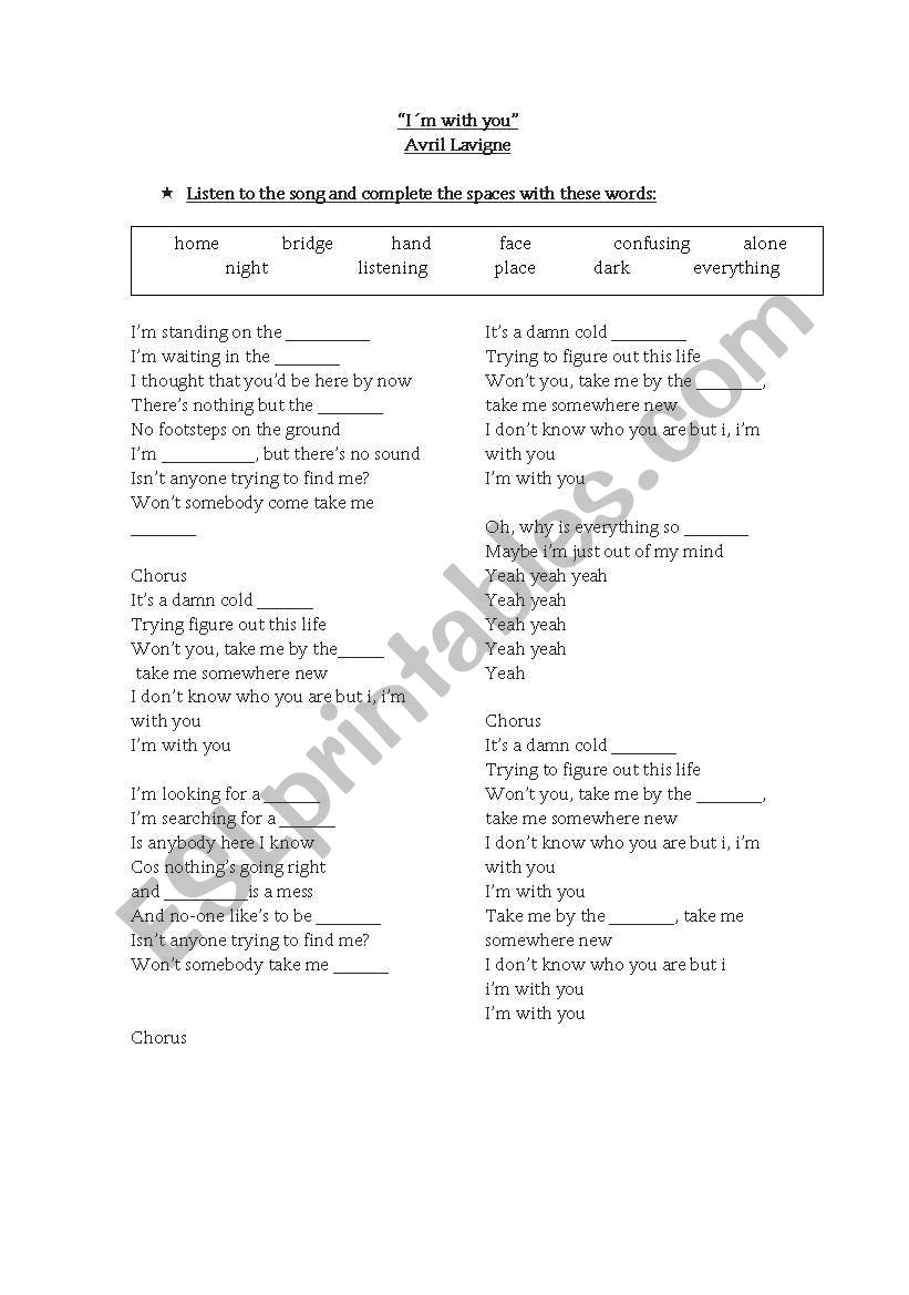 Im with you (Avril Lavigne) worksheet