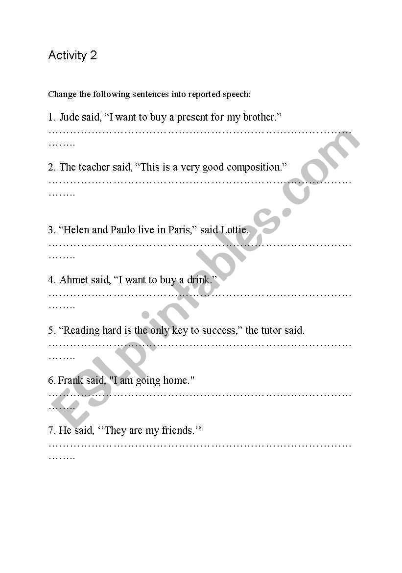 indirect speech worksheet