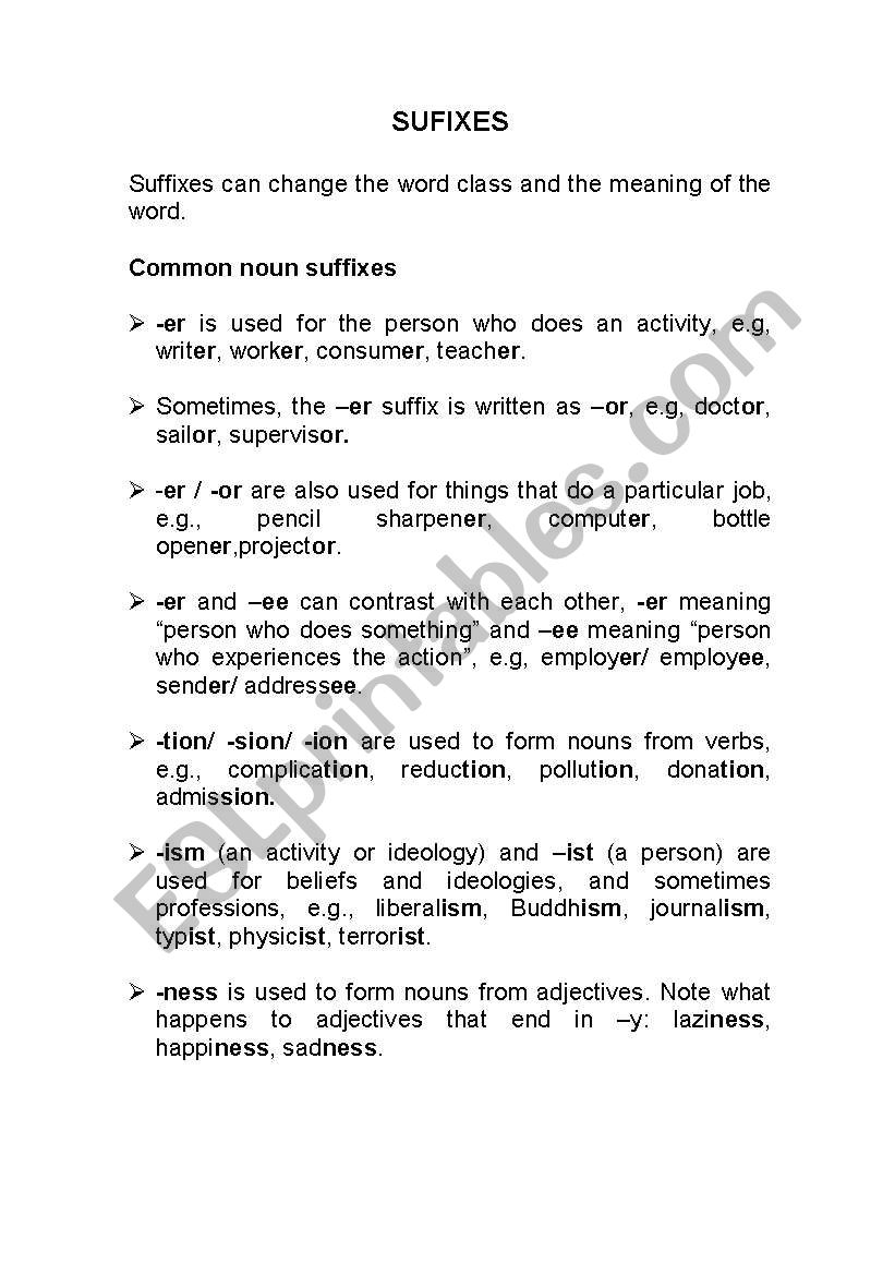 Sufixes worksheet