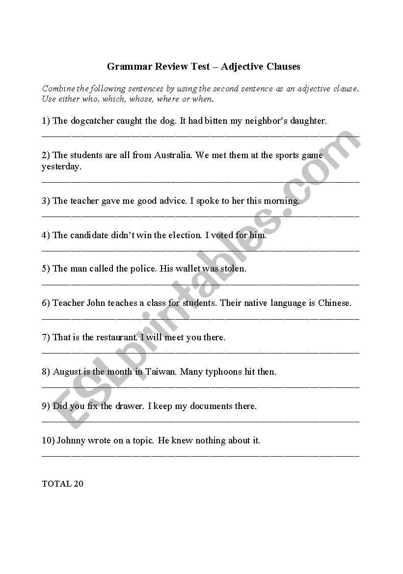 Adjective Clause worksheet worksheet