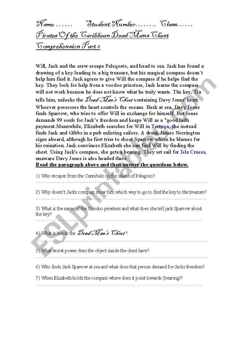 Pirates of the Carribean worksheet
