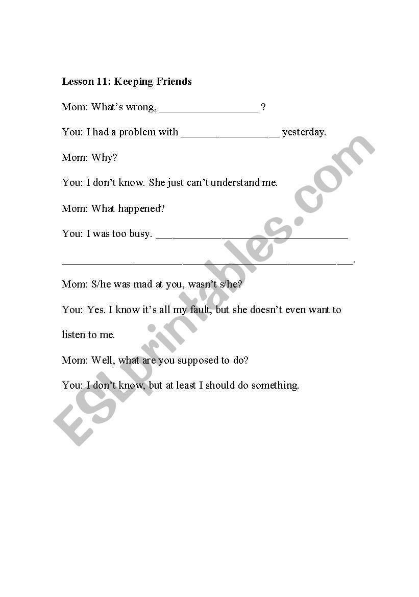 lesson 10: Keeping Friends worksheet