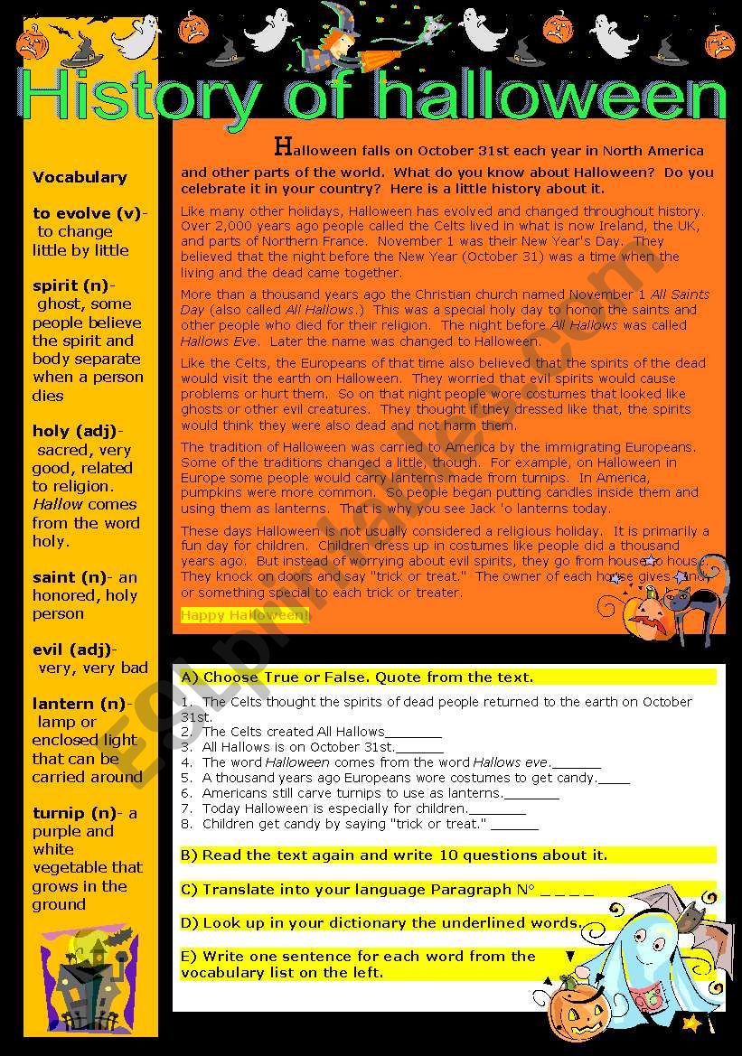 History of halloween worksheet