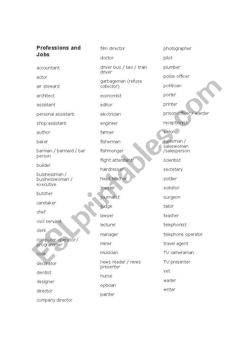 professions and jobs worksheet