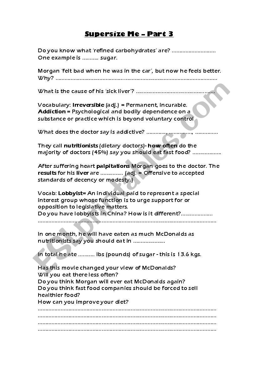 Supersize Me Part 3 worksheet