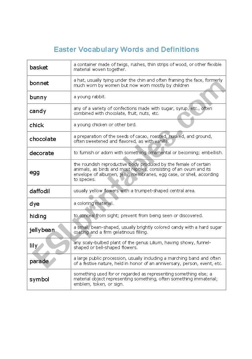 Easter Vocabulary Words and Definitions