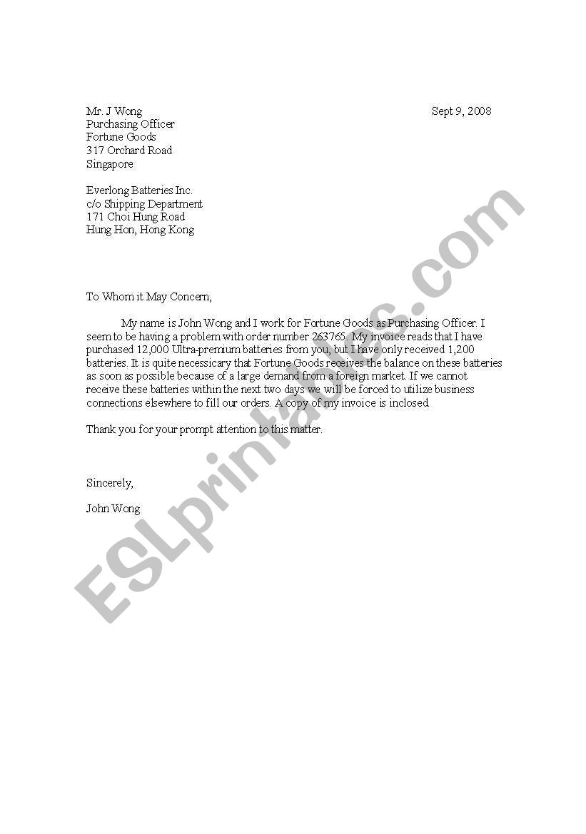 Business Complaint Letter worksheet