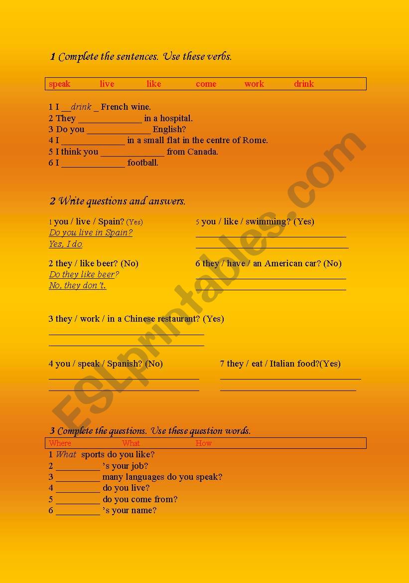 Verbs, Questions, answers worksheet